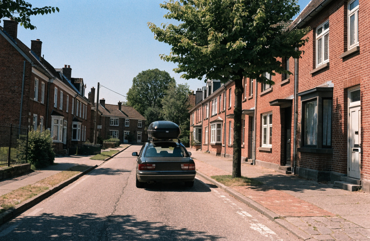 Auto met dakkoffer vertrekt vanuit een Vlaamse straat op vakantie